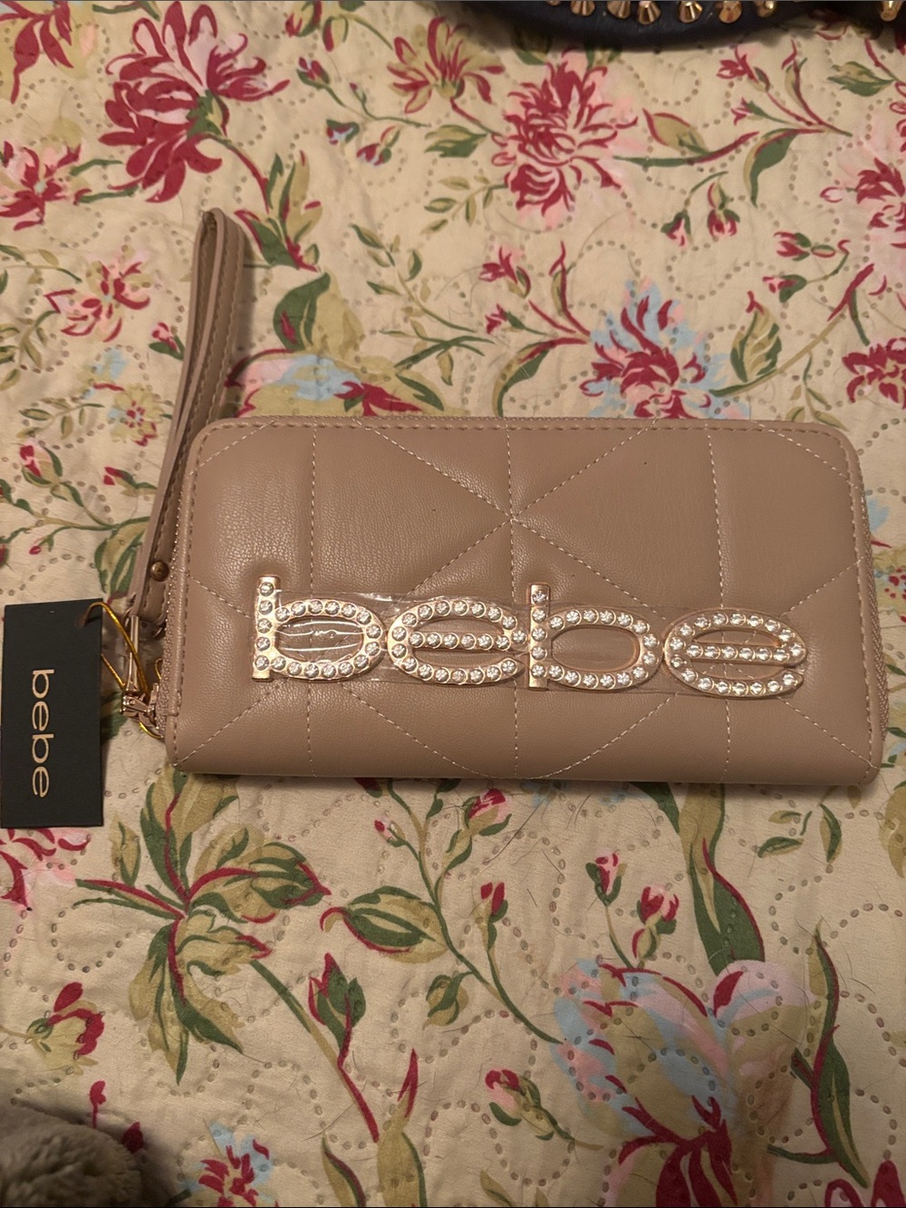 bebe Quilted Taupe Wristlet with Crystal Logo